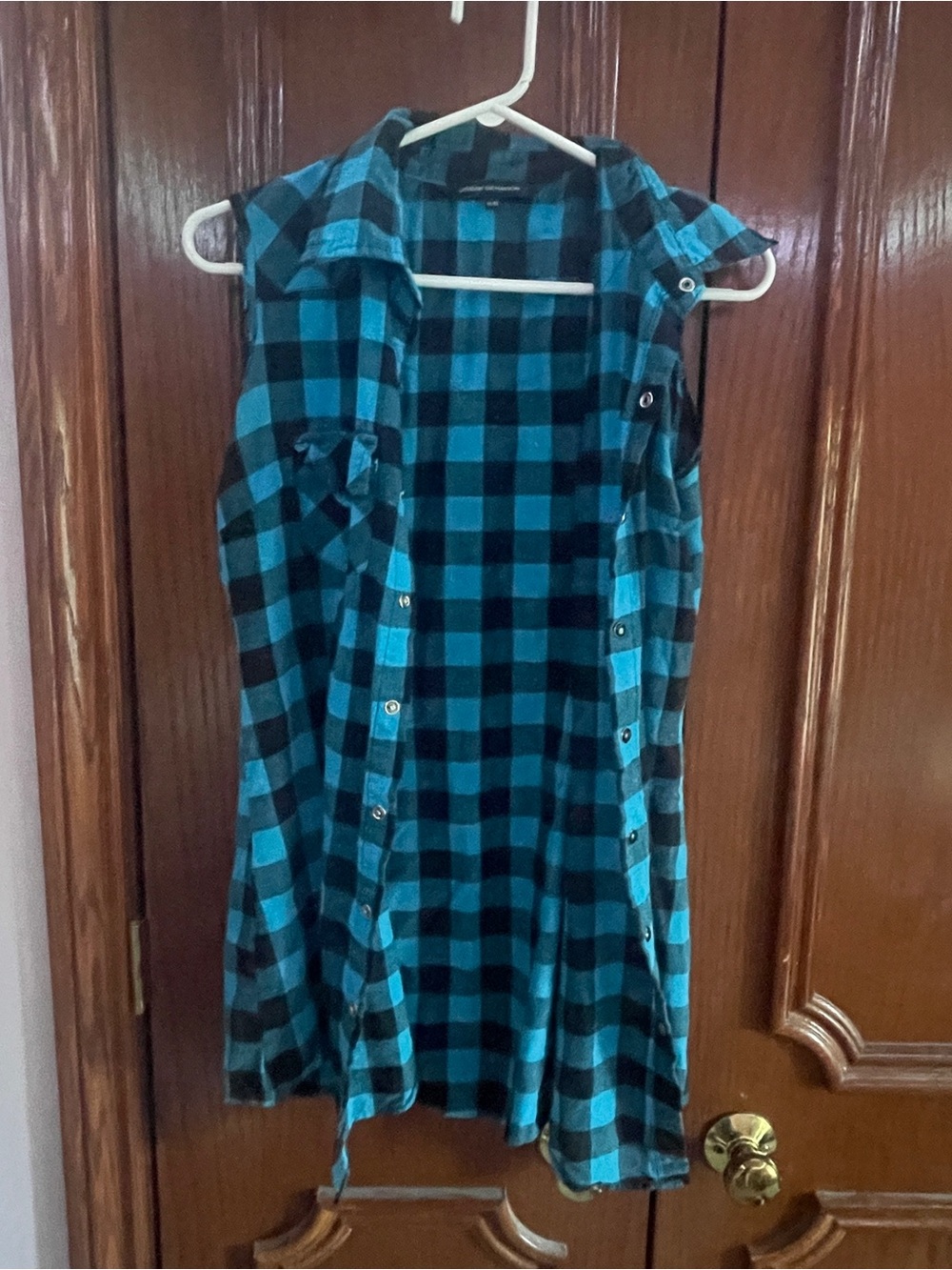 Sleeveless Blue and Black Plaid Button-Front Shirt Dress